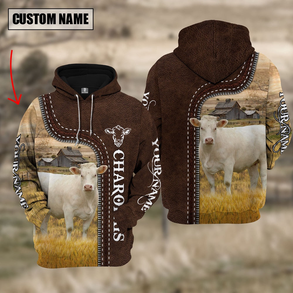 Charolais Farming Leather Pattern Personalized 3D Hoodie, Farmer Hoodie, Custom Farm Shirts, Farmer T Shirt