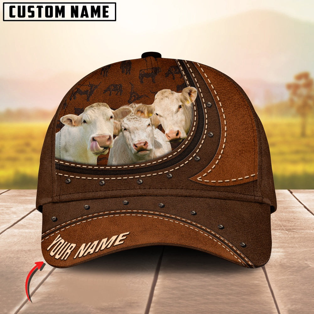 Charolais Happiness Leather Pattern Art Customized Name Cap, Farmer Cap, Vintage Farmer Hat, Mens Farmer Hats, Cap For Farmers