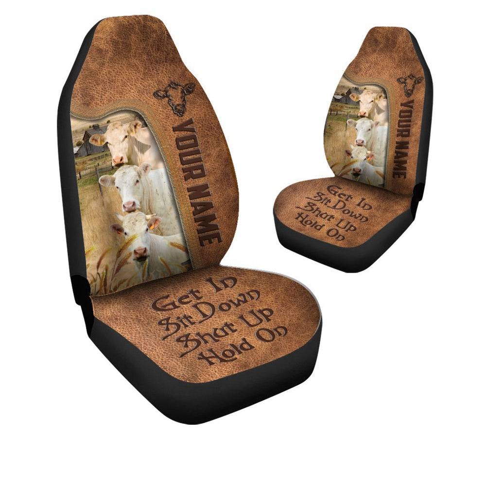 Charolais Happiness Personalized Name Leather Pattern Car Seat Cover, Car Seat Cover, Farm Car Seat Cover, Pet Seat Covers