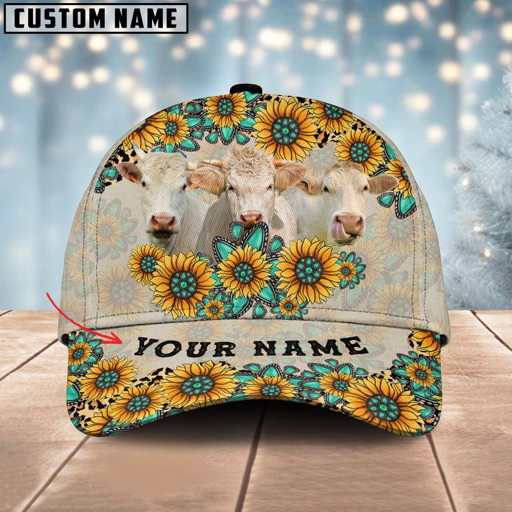 Charolais Happiness Sun Flowers Pattern Customized 3D Cap, Farmer Cap, Vintage Farmer Hat, Mens Farmer Hats, Cap For Farmers