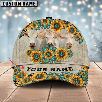Charolais Happiness Sun Flowers Pattern Customized 3D Cap, Farmer Cap, Vintage Farmer Hat, Mens Farmer Hats, Cap For Farmers