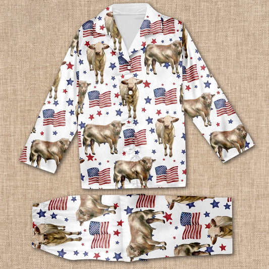 Charolais Happy Star US Flag Pattern All Over Print Pajamas Sets, Farm Pajamas, Farm Animal Pajamas, Christmas Farm Pajamas