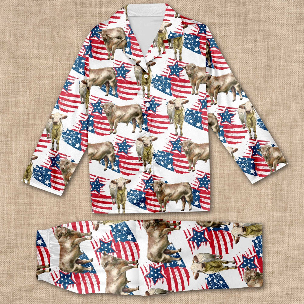 Charolais Happy US Flag Pattern All Over Print Pajamas Sets, Farm Pajamas, Farm Animal Pajamas, Christmas Farm Pajamas