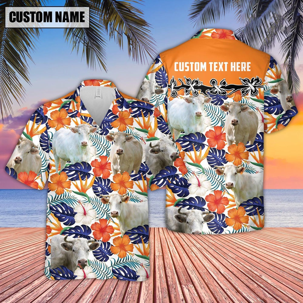 Charolais Hibiscus Blue Floral Custom Name Hawaiian Shirt, Farm Hawaiian Shirt, Farmer Hawaii