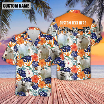 Charolais Hibiscus Blue Floral Custom Name Hawaiian Shirt, Farm Hawaiian Shirt, Farmer Hawaii