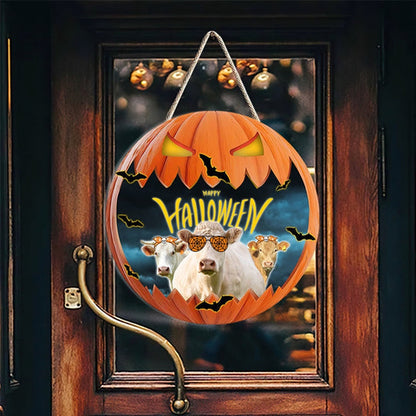 Charolais In Halloween Decoration Pumkpin Happy Halloween Wooden Sign, Farm Wood Sign, Farmhouse Decor Wooden Signs