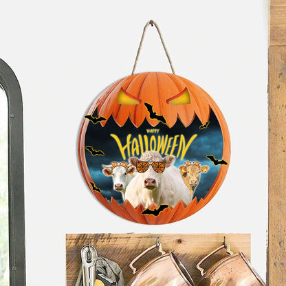 Charolais In Halloween Decoration Pumkpin Happy Halloween Wooden Sign, Farm Wood Sign, Farmhouse Decor Wooden Signs