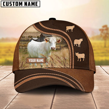 Charolais Leather Brown Pattern Customized Name Cap, Farmer Cap, Vintage Farmer Hat, Mens Farmer Hats, Cap For Farmers