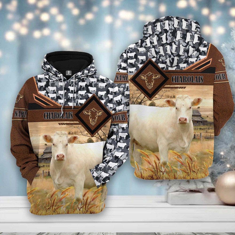 Charolais Leather Camo Pattern on Farm All Over Printed Hoodie, Farmer Hoodie, Farm Themed Shirts, Farm Tee Shirts