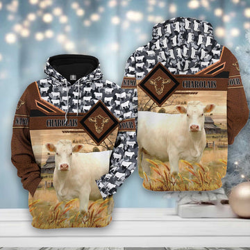 Charolais Leather Camo Pattern on Farm All Over Printed Hoodie, Farmer Hoodie, Farm Themed Shirts, Farm Tee Shirts