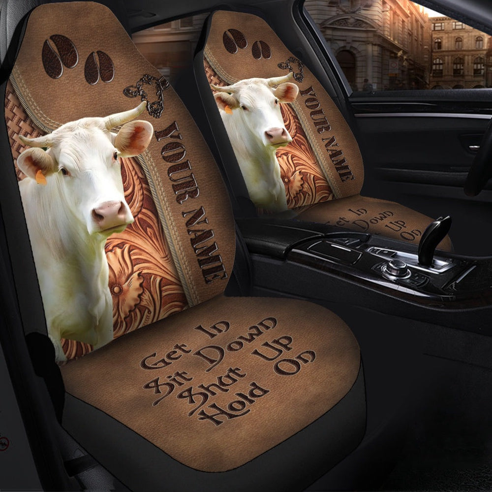 Charolais Leather Carving Customized Name Car Seat Cover, Car Seat Cover, Farm Car Seat Cover, Pet Seat Covers