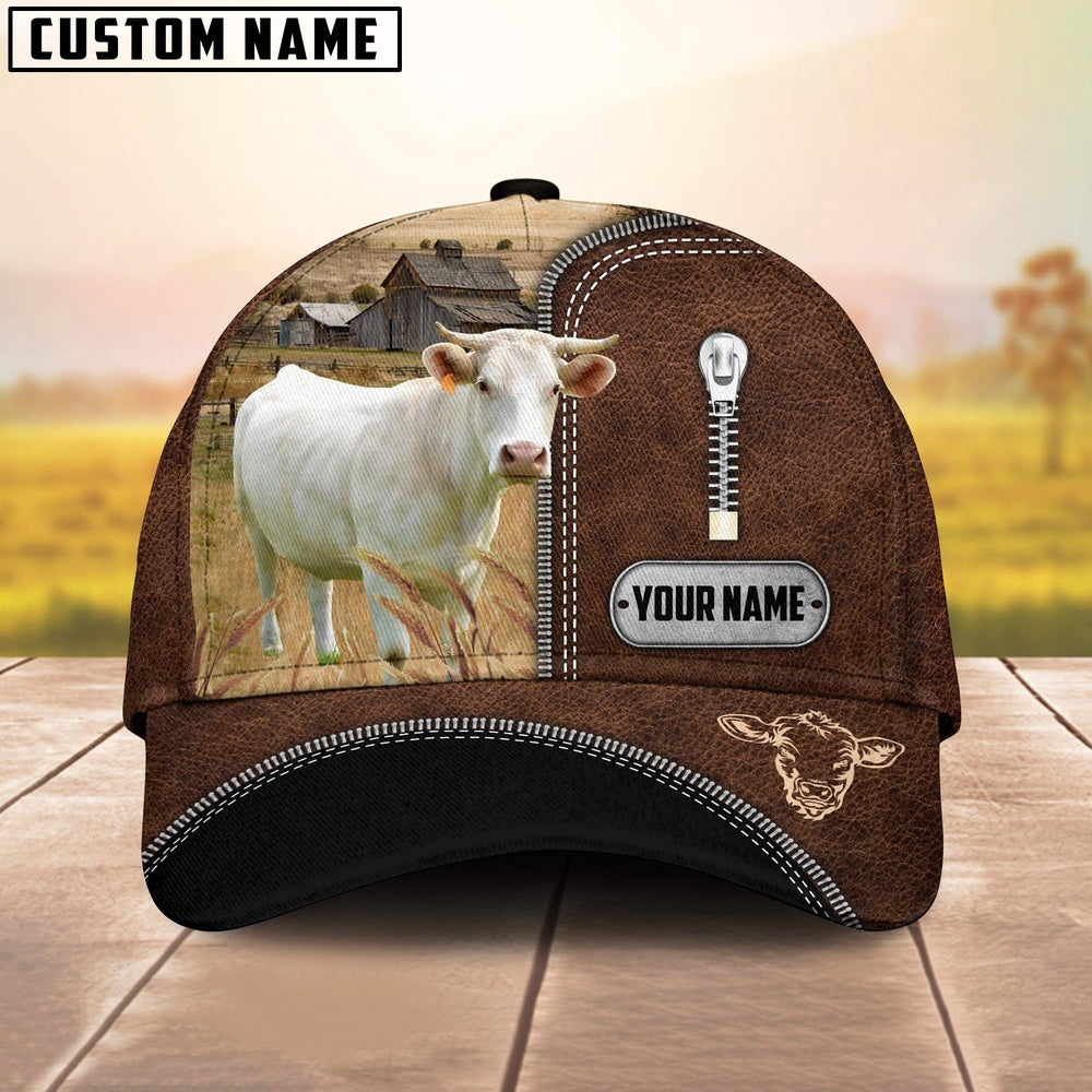 Charolais Leather Zip Pattern Customized Name Cap, Farmer Cap, Vintage Farmer Hat, Mens Farmer Hats, Cap For Farmers