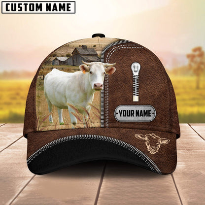 Charolais Leather Zip Pattern Customized Name Cap, Farmer Cap, Vintage Farmer Hat, Mens Farmer Hats, Cap For Farmers