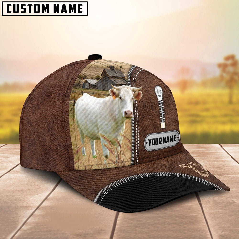 Charolais Leather Zip Pattern Customized Name Cap, Farmer Cap, Vintage Farmer Hat, Mens Farmer Hats, Cap For Farmers
