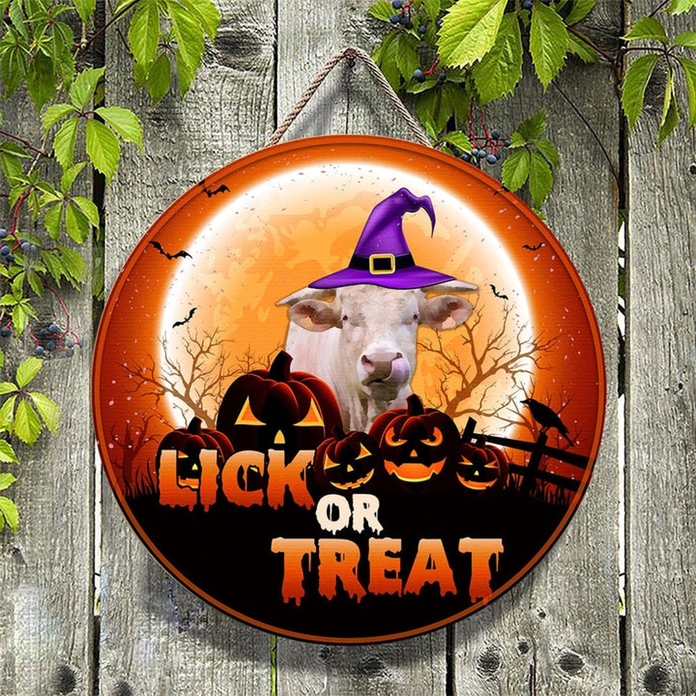 Charolais Lick Or Treat Happy Halloween Wooden Sign, Farm Wood Sign, Farmhouse Decor Wooden Signs