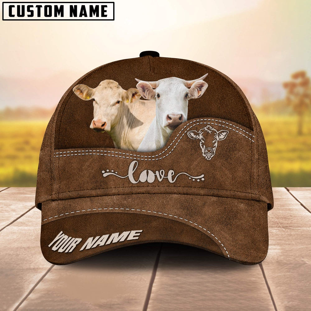 Charolais Love Leather Pattern Customized Name Cap, Farmer Cap, Vintage Farmer Hat, Mens Farmer Hats, Cap For Farmers