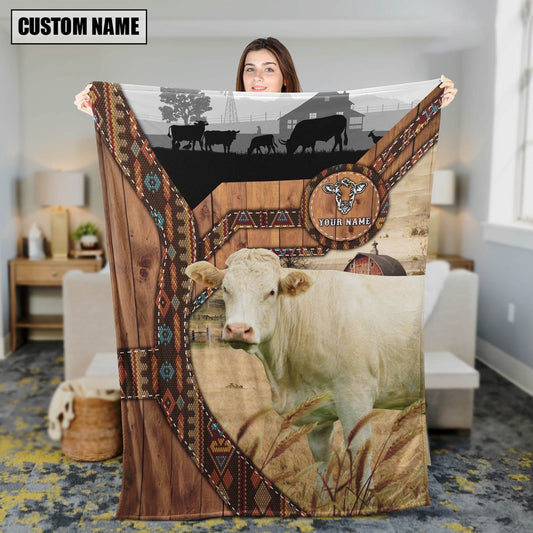 Charolais No Horn Custom Name Brocade Pattern Blanket, Farm Blanket, Farm Animal Blanket
