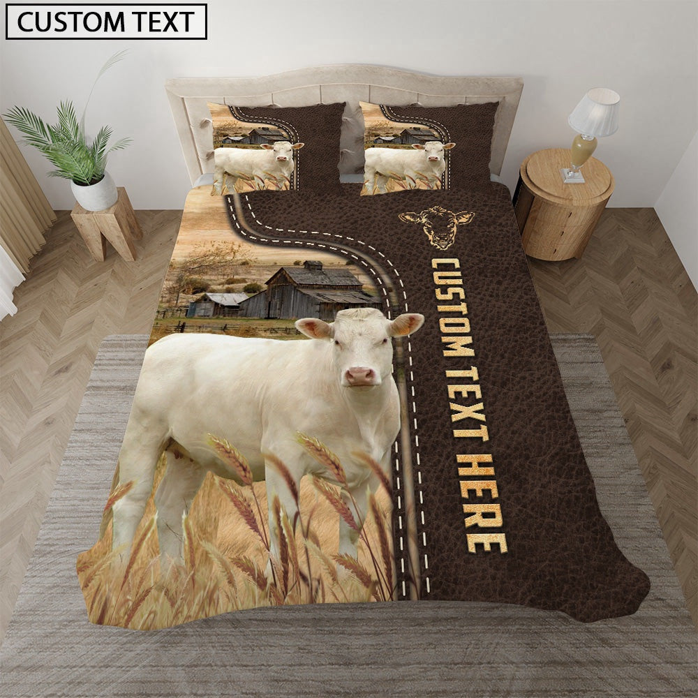 Charolais No Horn Custom Text Leather Pattern Bedding Set, Farm Bedding Set, Farmhouse Bedding Set
