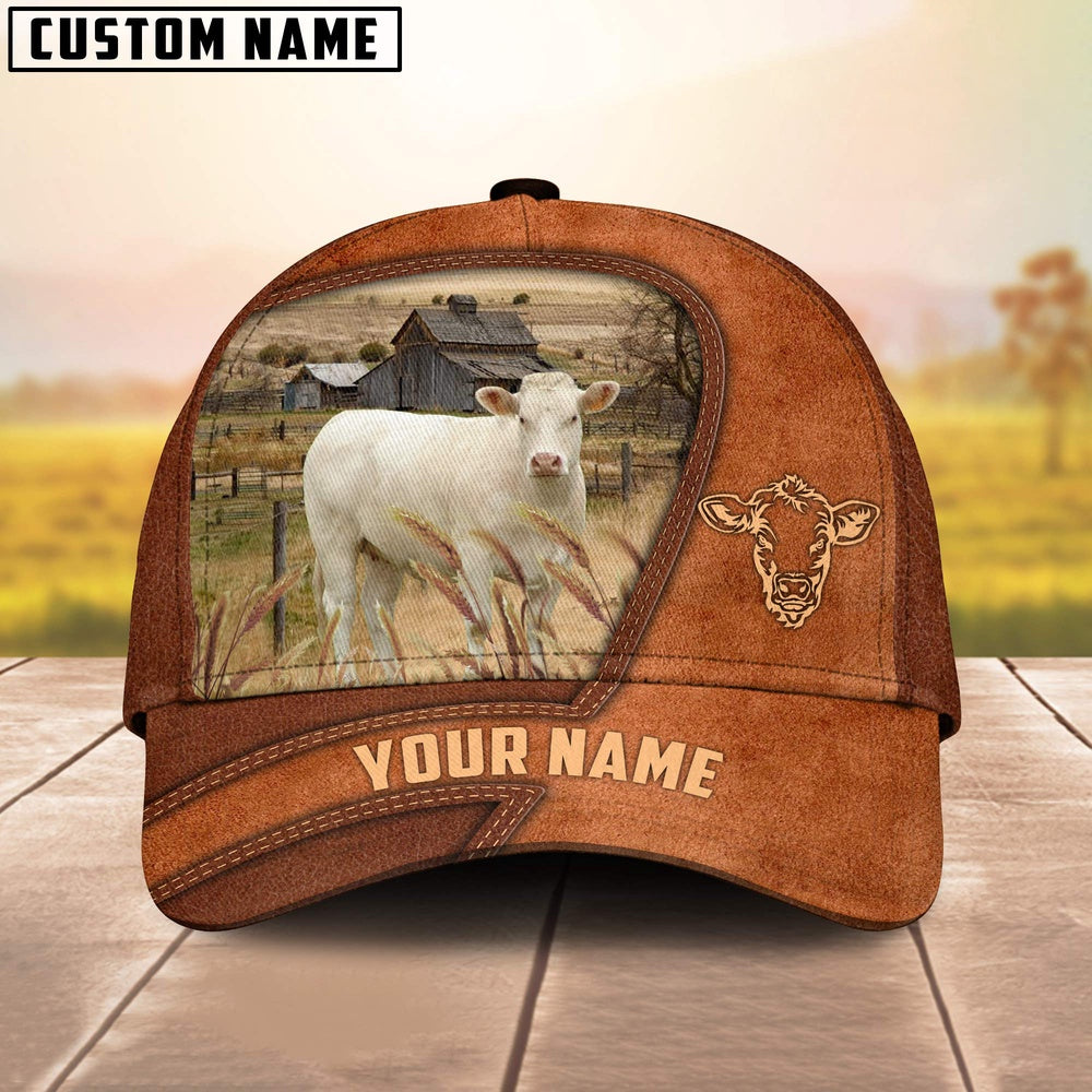 Charolais No Horn Customized Name Brown Leather Pattern Cap, Farmer Cap, Vintage Farmer Hat, Mens Farmer Hats, Cap For Farmers