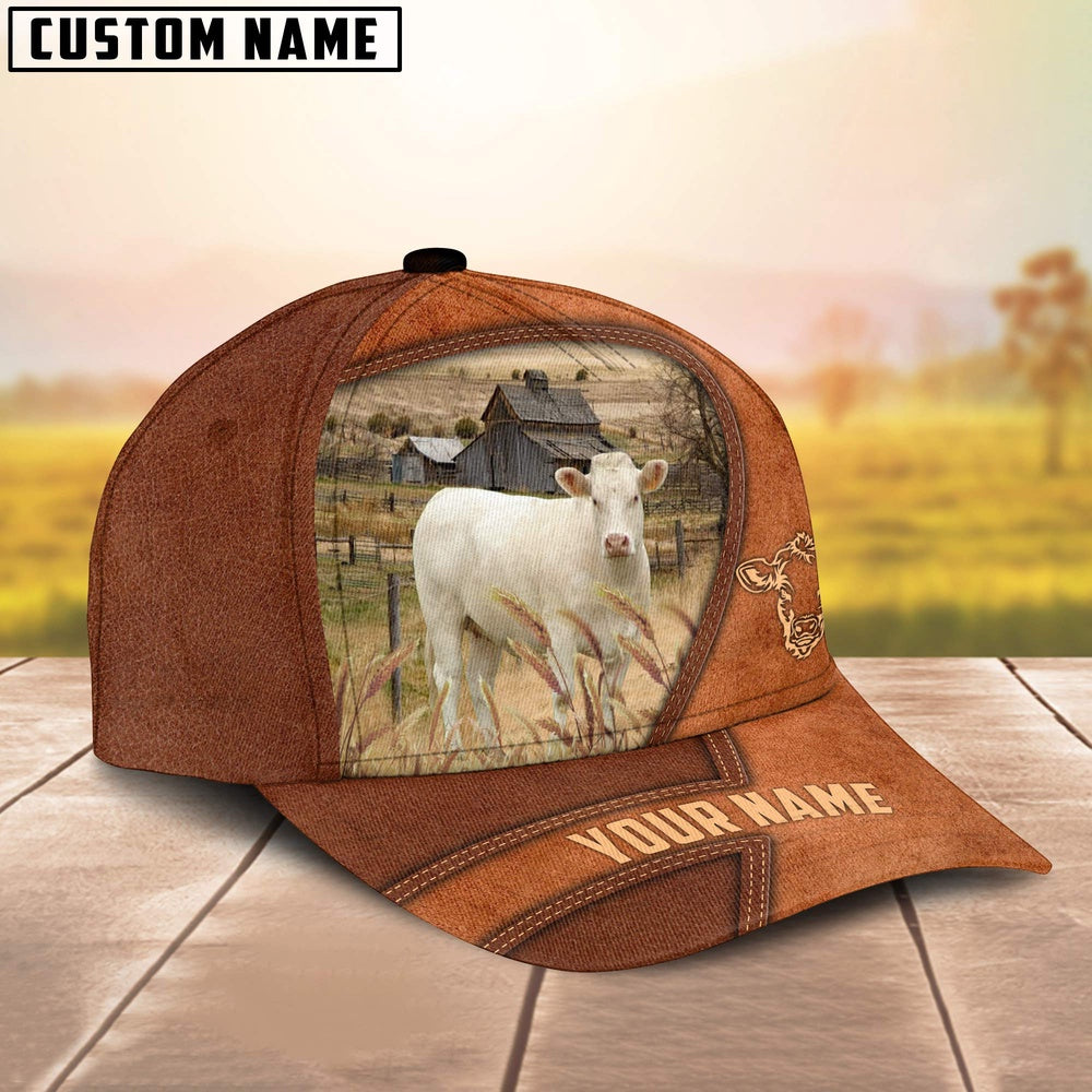 Charolais No Horn Customized Name Brown Leather Pattern Cap, Farmer Cap, Vintage Farmer Hat, Mens Farmer Hats, Cap For Farmers