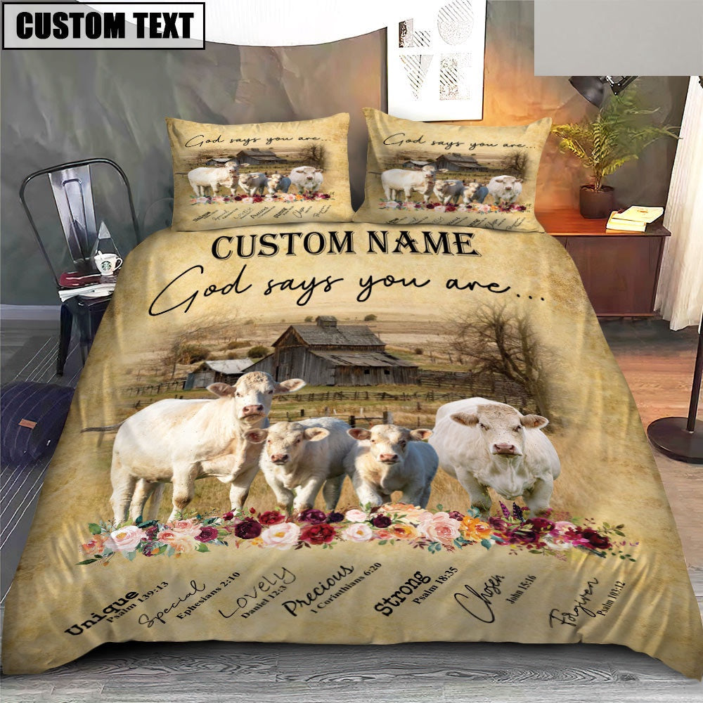 Charolais No Horn God Says You Are Custom Name Bedding Set, Farm Bedding Set, Farmhouse Bedding Set