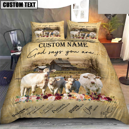 Charolais No Horn God Says You Are Custom Name Bedding Set, Farm Bedding Set, Farmhouse Bedding Set