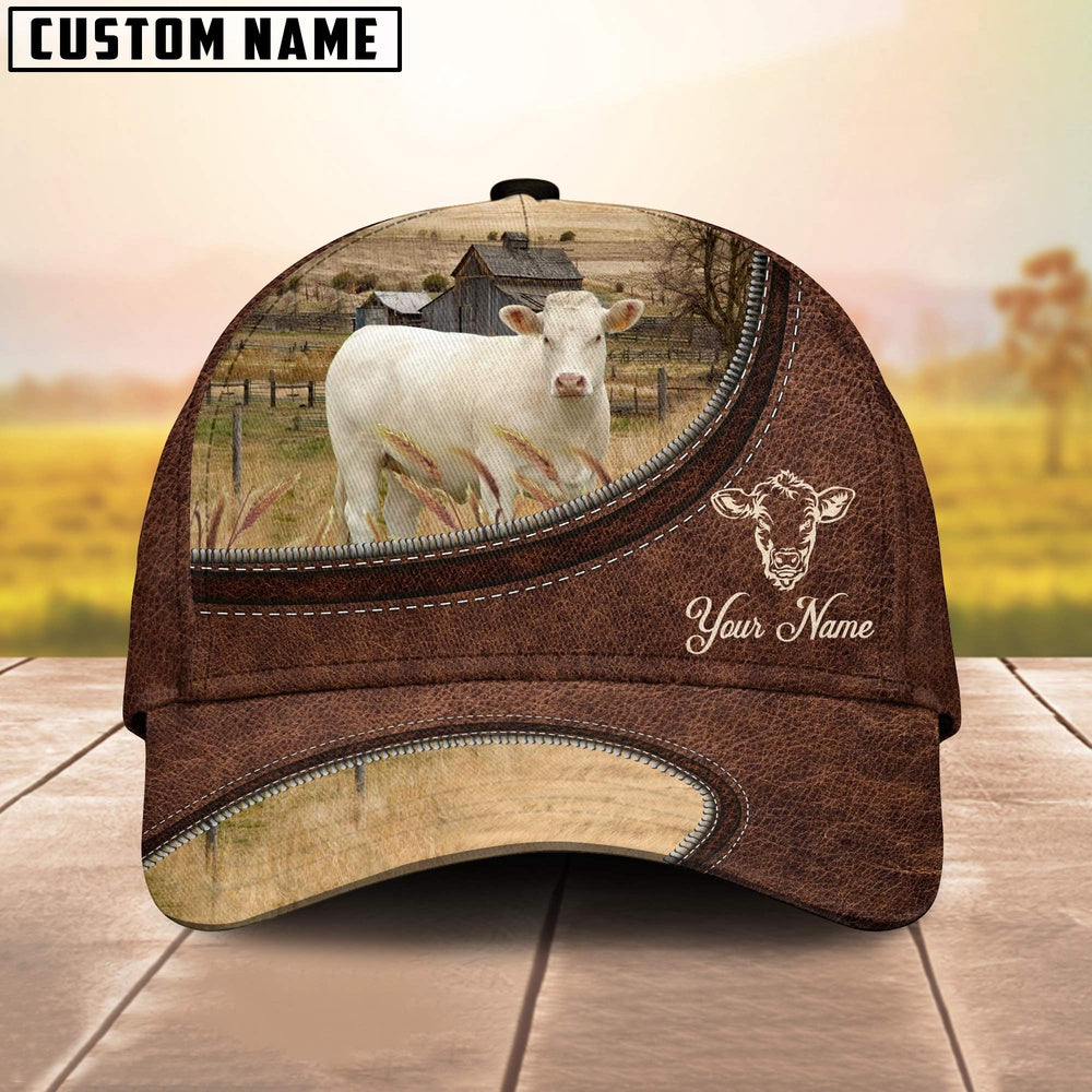 Charolais No Horn On The Farm Customized Name Leather Pattern Cap, Farmer Cap, Vintage Farmer Hat, Mens Farmer Hats, Cap For Farmers