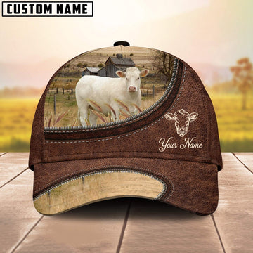 Charolais No Horn On The Farm Customized Name Leather Pattern Cap, Farmer Cap, Vintage Farmer Hat, Mens Farmer Hats, Cap For Farmers