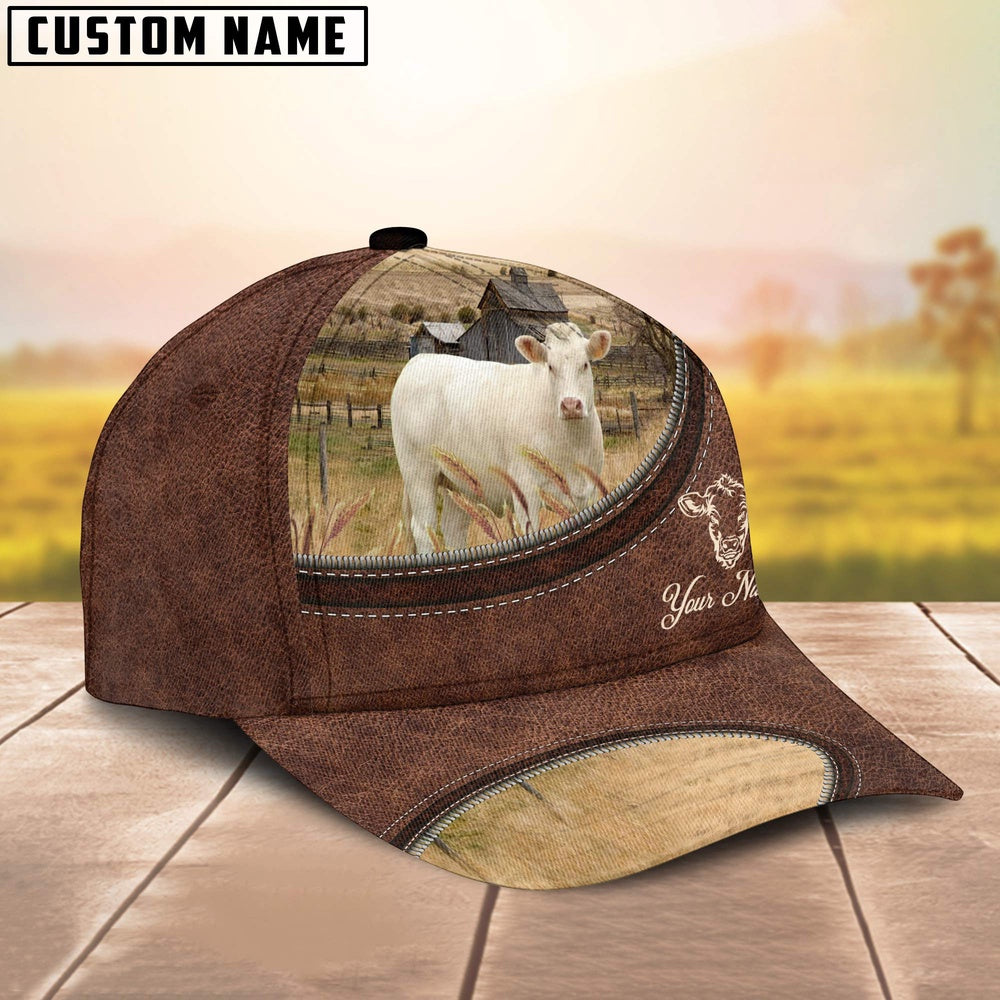 Charolais No Horn On The Farm Customized Name Leather Pattern Cap, Farmer Cap, Vintage Farmer Hat, Mens Farmer Hats, Cap For Farmers