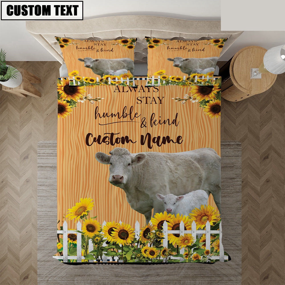 Charolais No Horn Stay Humble And Kind Custom Name Bedding Set, Farm Bedding Set, Farmhouse Bedding Set