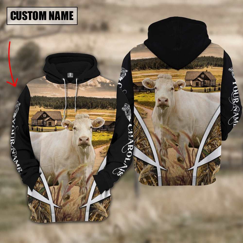 Charolais No Horns Custom Name Meadow Pattern Black Hoodie, Farmer Hoodie, Custom Farm Shirts, Farmer T Shirt