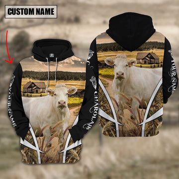 Charolais No Horns Custom Name Meadow Pattern Black Hoodie, Farmer Hoodie, Custom Farm Shirts, Farmer T Shirt
