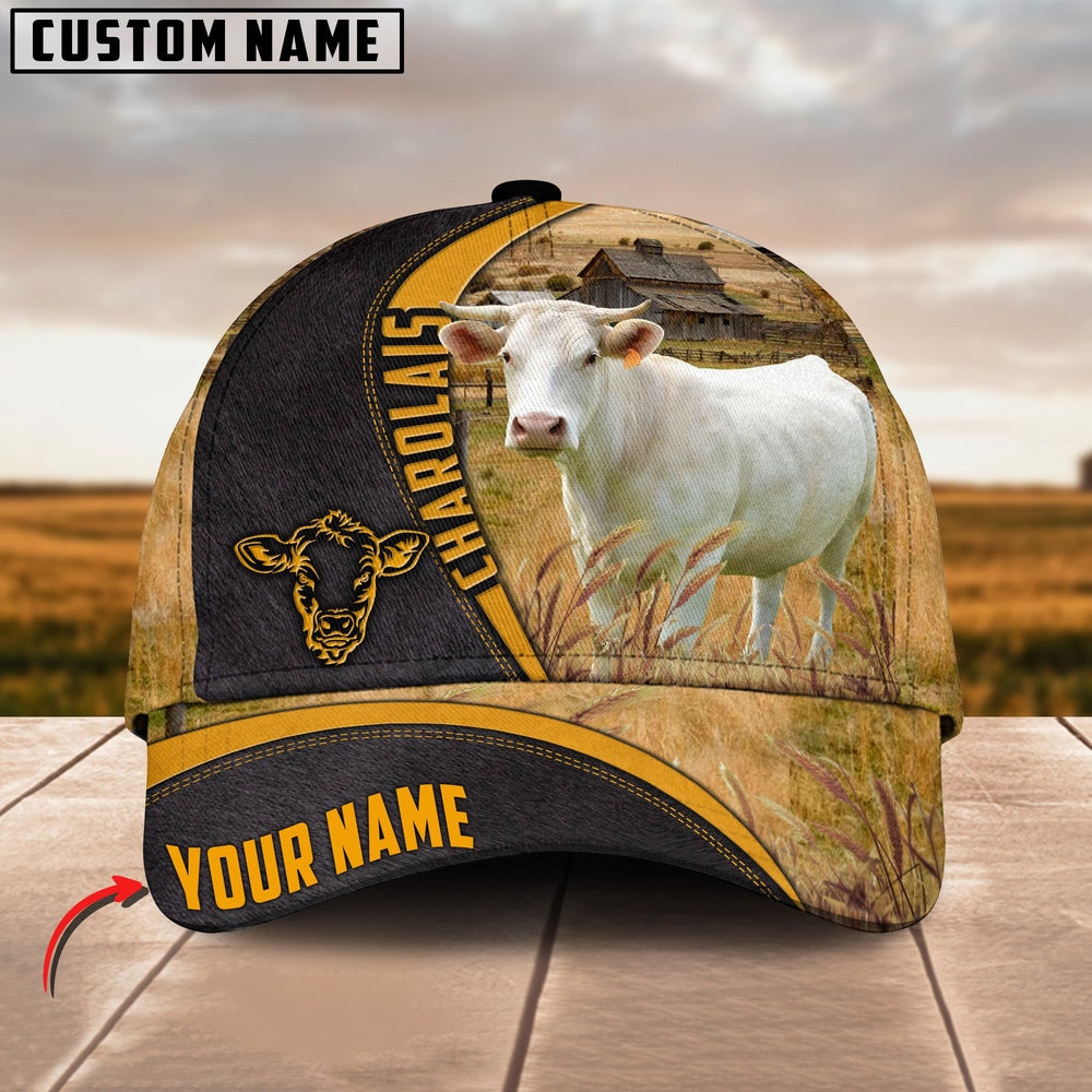 Charolais On Farm Black Yellow Leather Pattern Customized 3D Cap, Farmer Cap, Vintage Farmer Hat, Mens Farmer Hats, Cap For Farmers