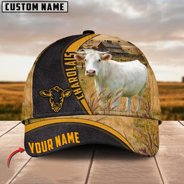 Charolais On Farm Black Yellow Leather Pattern Customized 3D Cap, Farmer Cap, Vintage Farmer Hat, Mens Farmer Hats, Cap For Farmers