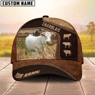 Charolais On Farm Brown Leather Pattern Customized 3D Cap, Farmer Cap, Vintage Farmer Hat, Mens Farmer Hats, Cap For Farmers