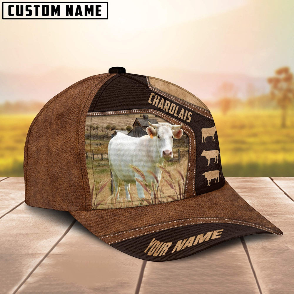 Charolais On Farm Brown Leather Pattern Customized 3D Cap, Farmer Cap, Vintage Farmer Hat, Mens Farmer Hats, Cap For Farmers