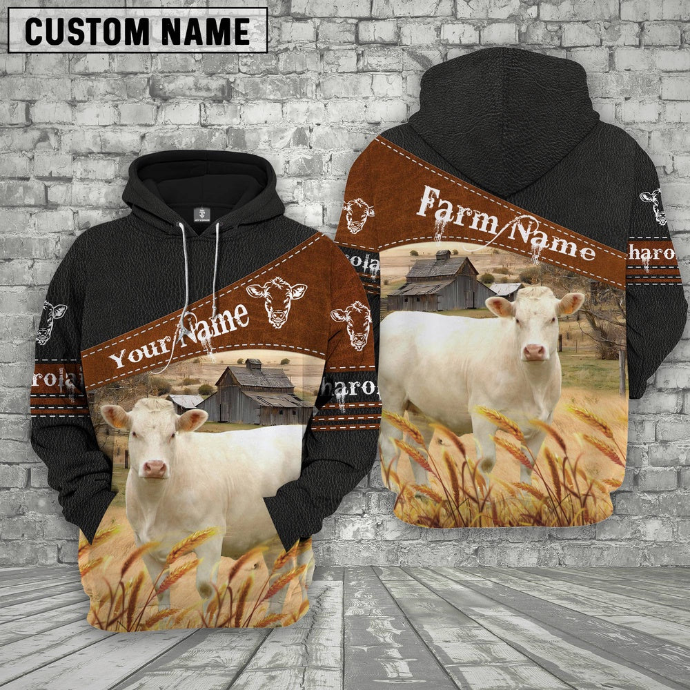 Charolais On Farm Custom Name Printed 3D Black Hoodie, Farmer Hoodie, Custom Farm Shirts, Farmer T Shirt