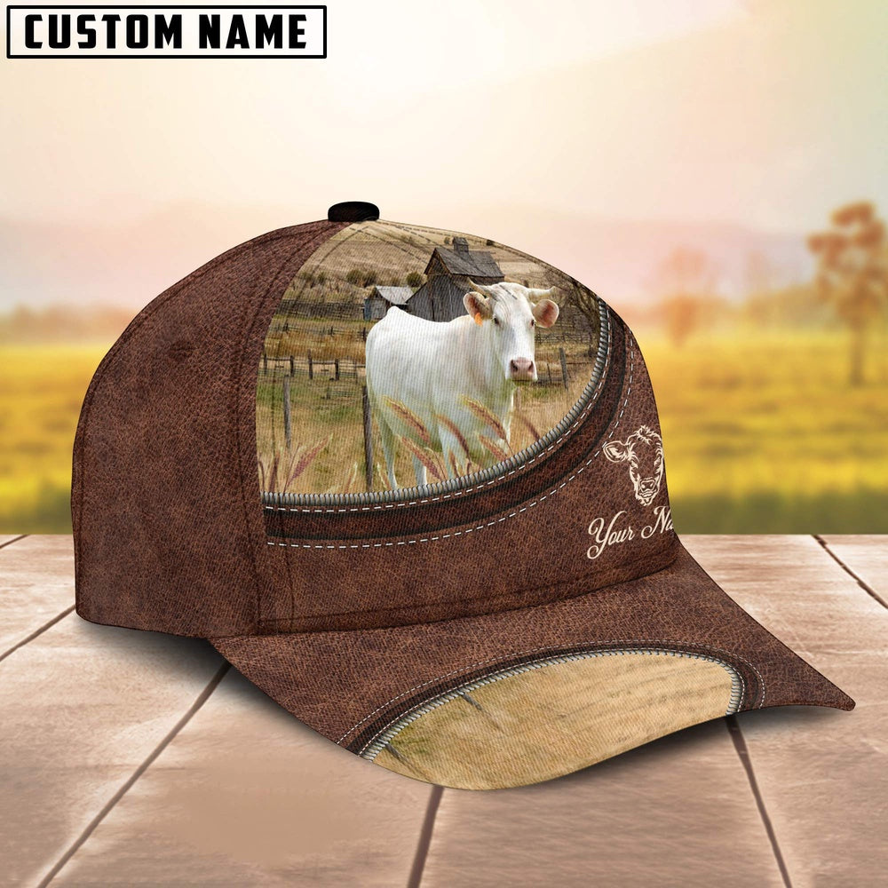 Charolais On The Farm Customized Name Leather Pattern Cap, Farmer Cap, Vintage Farmer Hat, Mens Farmer Hats, Cap For Farmers