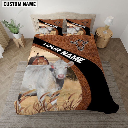 Charolais On The Farm Customized Name Red Barn Bedding Set, Farm Bedding Set, Farmhouse Bedding Set