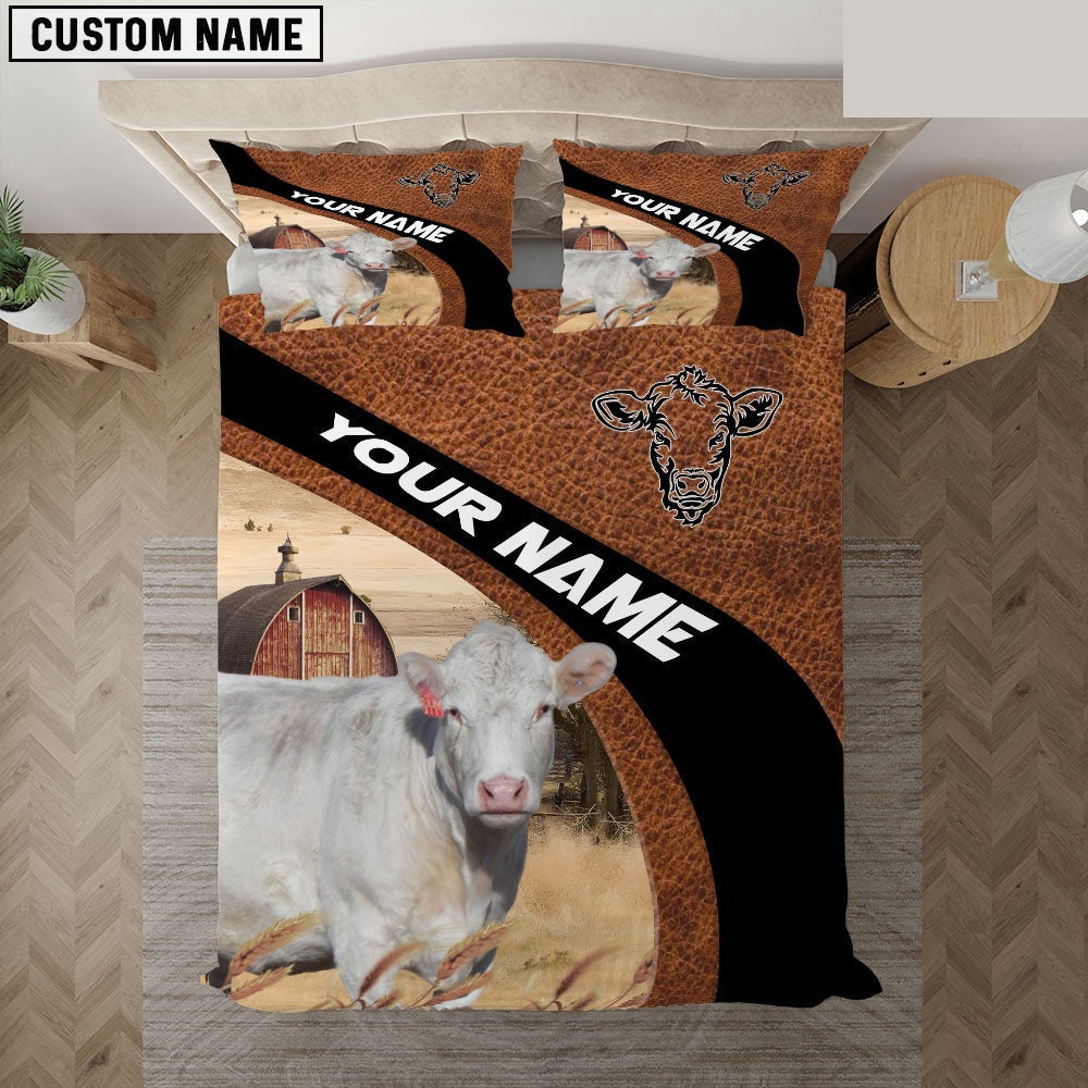 Charolais On The Farm Customized Name Red Barn Bedding Set, Farm Bedding Set, Farmhouse Bedding Set
