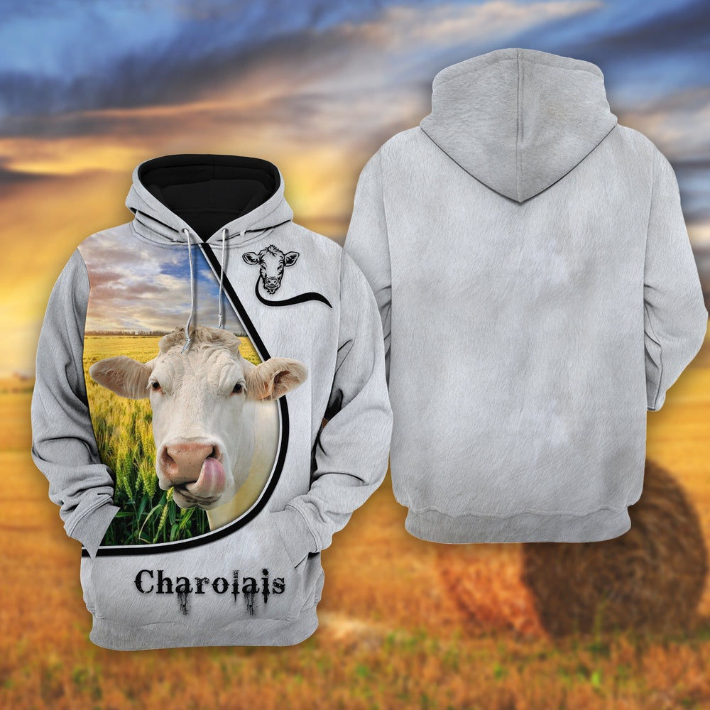 Charolais On The Wheat Field All Over Printed Shirts, Farmer Hoodie, Farm Themed Shirts, Farm Tee Shirts