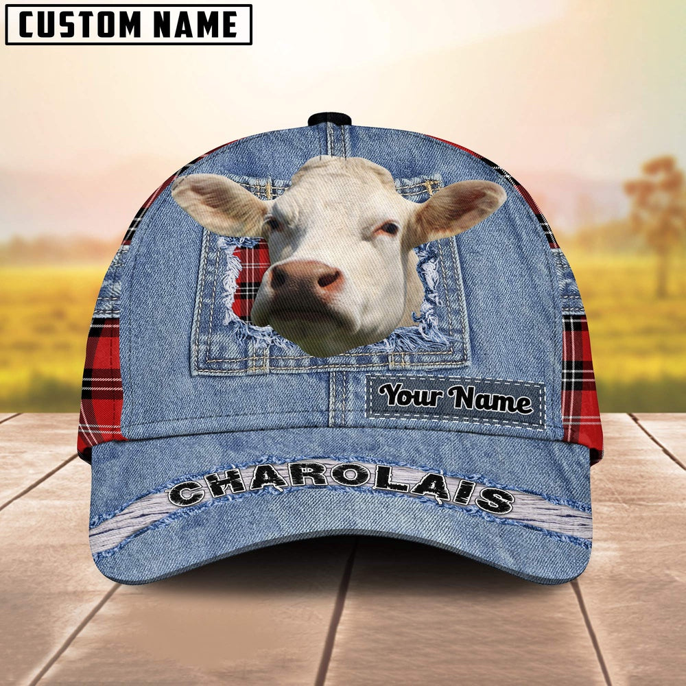 Charolais Overall Jeans Pattern And Red Caro Pattern Customized Name Cap, Farmer Cap, Vintage Farmer Hat, Mens Farmer Hats, Cap For Farmers