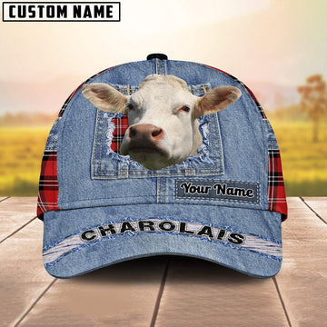 Charolais Overall Jeans Pattern And Red Caro Pattern Customized Name Cap, Farmer Cap, Vintage Farmer Hat, Mens Farmer Hats, Cap For Farmers