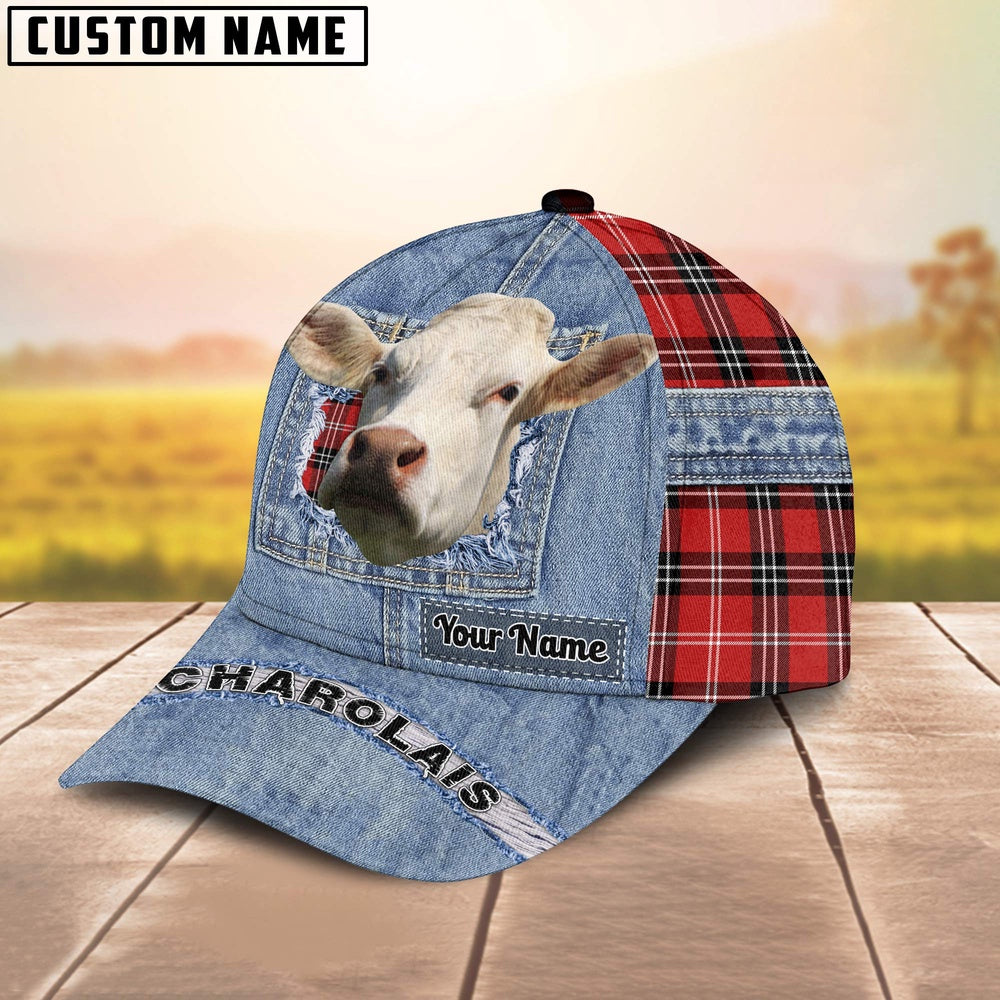 Charolais Overall Jeans Pattern And Red Caro Pattern Customized Name Cap, Farmer Cap, Vintage Farmer Hat, Mens Farmer Hats, Cap For Farmers