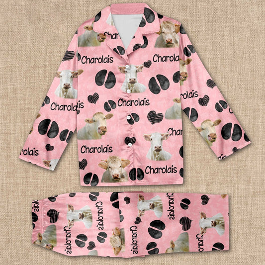 Charolais Pattern All Over Print Pajamas Sets, Farm Pajamas, Farm Animal Pajamas, Christmas Farm Pajamas