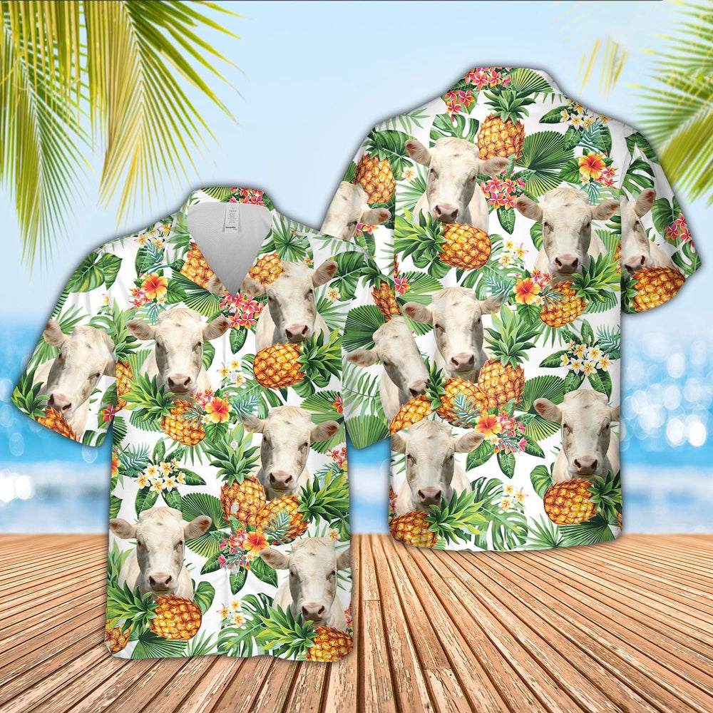 Charolais Pineapple Pattern 3D Hawaiian Shirt, Farm Hawaiian Shirt, Farmer Hawaii