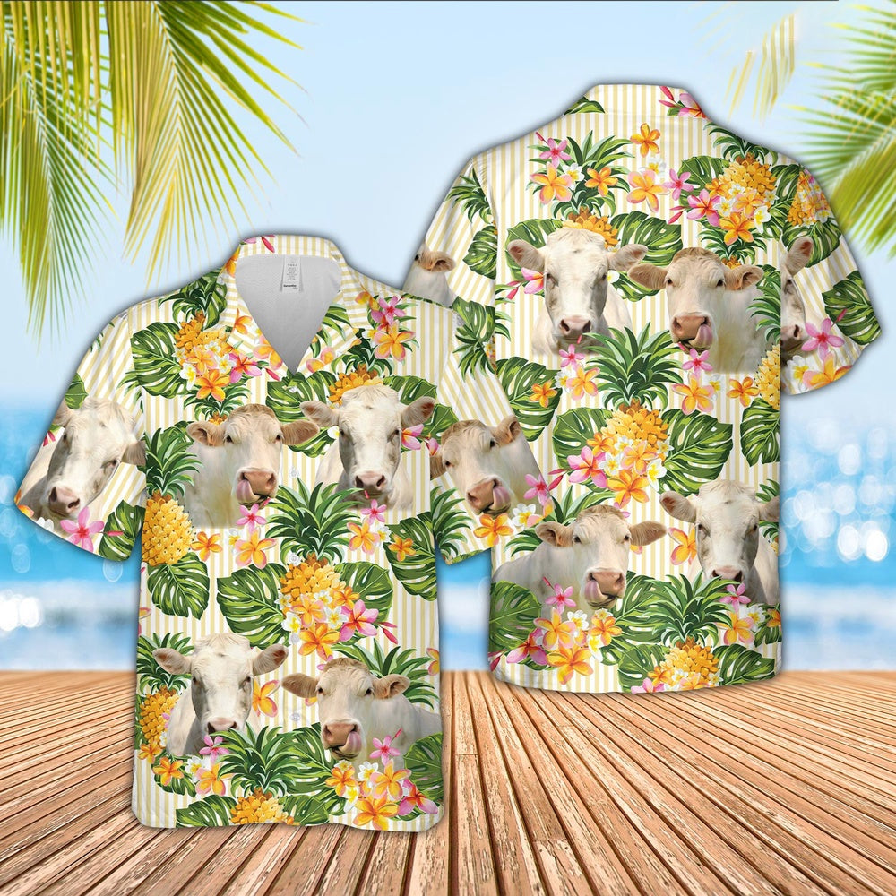 Charolais Pineapple Pattern Hawaiian Shirt, Farm Hawaiian Shirt, Farmer Hawaii