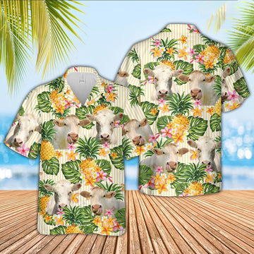Charolais Pineapple Pattern Hawaiian Shirt, Farm Hawaiian Shirt, Farmer Hawaii