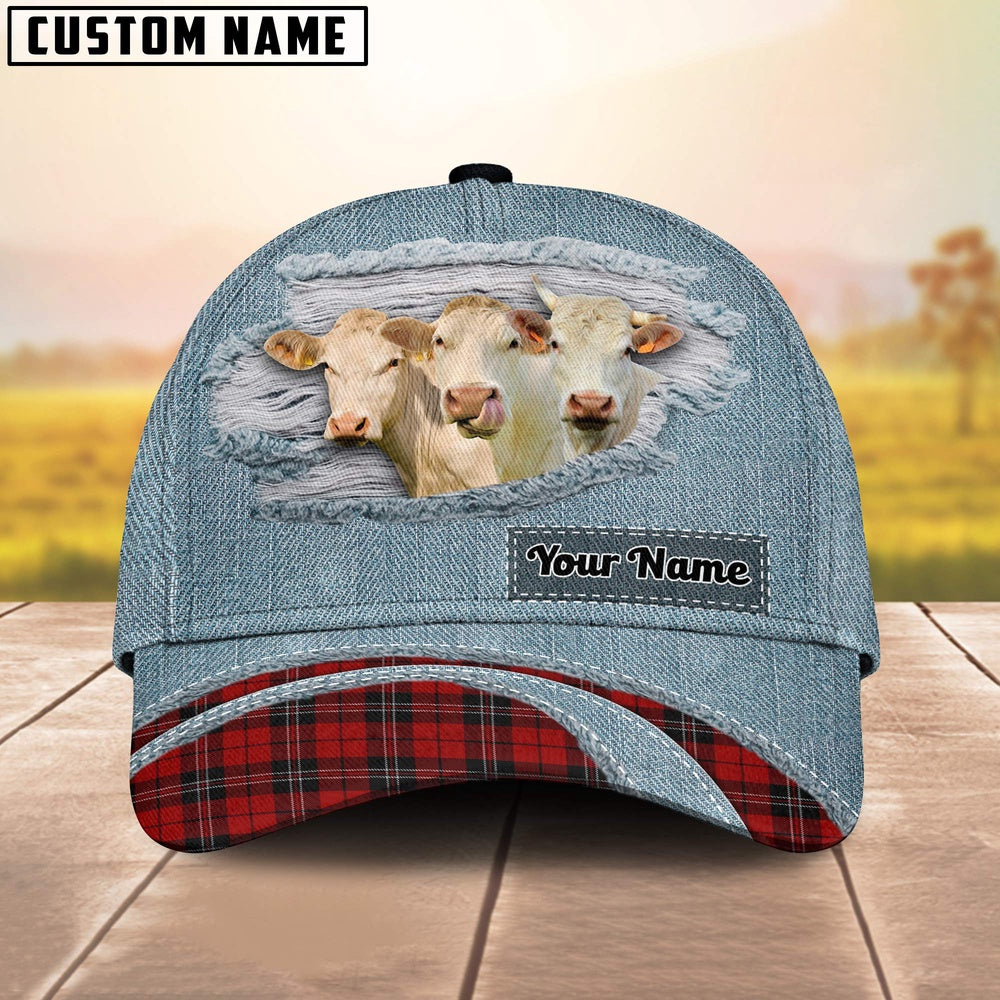 Charolais Red Caro And Jeans Pattern Customized Name Cap, Farmer Cap, Vintage Farmer Hat, Mens Farmer Hats, Cap For Farmers