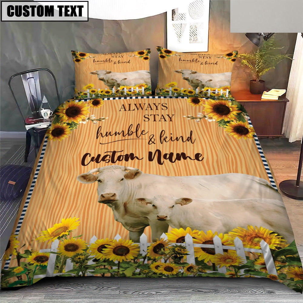 Charolais Stay Humble And Kind Custom Name Bedding Set, Farm Bedding Set, Farmhouse Bedding Set